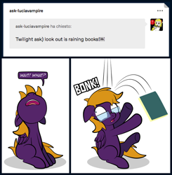 Size: 900x920 | Tagged: safe, artist:alexdti, imported from derpibooru, oc, oc:purple creativity, pegasus, pony, bonk, book, derp, glasses, knocked silly