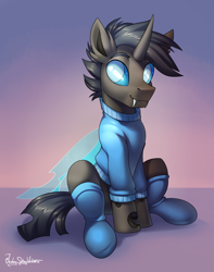 Size: 2360x3000 | Tagged: safe, artist:jedayskayvoker, imported from derpibooru, oc, oc only, oc:rosie clockwork, changeling, changeling oc, clothes, fangs, gradient background, high res, looking at you, male, sitting, socks, solo, stallion, sweater