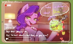 Size: 1024x621 | Tagged: safe, artist:bubblepurity, imported from derpibooru, discord, pipp petals, smooze, draconequus, pegasus, pony, adorapipp, bed, bedroom, bedroom eyes, blanket, cellphone, cute, emoji, female, g5, heart, jar, livestream, male, mare, markings, open mouth, phone, raised hoof, slime, smartphone, sunglasses, unshorn fetlocks