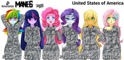 Size: 2000x966 | Tagged: safe, artist:edy_january, artist:zakro, edit, imported from derpibooru, applejack, fluttershy, pinkie pie, rainbow dash, rarity, twilight sparkle, alicorn, equestria girls, american, american flag, american soldiers, call of duty, crew tank, headcanon, humane five, humane six, mane six, marine, marines, military, name, soldier, squat, twilight sparkle (alicorn), u.s marines, united states, united states marines crops