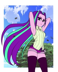 Size: 1200x1500 | Tagged: safe, artist:nekojackun, imported from derpibooru, aria blaze, equestria girls, arm behind head, armpits, clothes, female, long hair, shorts, socks, stupid sexy aria blaze, thigh highs, windswept hair