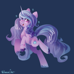 Size: 3000x3000 | Tagged: safe, artist:neonishe, imported from derpibooru, izzy moonbow, pony, unicorn, blue background, bracelet, female, g5, high res, jewelry, looking at you, mare, my little pony: a new generation, open mouth, signature, simple background, solo, sparkles, unshorn fetlocks