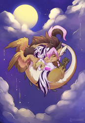 Size: 2160x3115 | Tagged: safe, artist:kez, imported from derpibooru, oc, oc:ira, oc:yiazmat, draconequus, unicorn, chipping, couple, draconequus oc, female, high res, horn, male, moon, night, shipping, sky, snuggling, tail, unicorn oc, wings