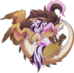 Size: 1825x1808 | Tagged: safe, artist:kez, imported from derpibooru, oc, oc:ira, oc:yiazmat, draconequus, unicorn, couple, draconequus oc, female, horn, horns, male, shipping, simple background, snuggling, transparent background, unicorn oc, wings