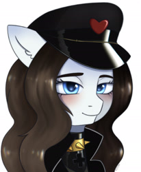 Size: 1723x2092 | Tagged: safe, artist:vaiola, imported from derpibooru, oc, oc only, oc:chocolate fudge, earth pony, pony, advertisement, bdsm, blushing, bust, clothes, collar, commission, embarrassed, fetish, floppy ears, fluffy, hat, heart, latex, latex suit, military uniform, pet play, portrait, sexy, simple background, smiling, solo, spiked collar, uniform, uniform hat