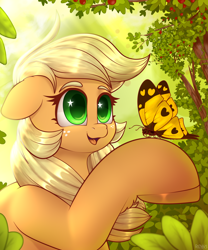 Size: 2500x3000 | Tagged: source needed, useless source url, safe, artist:redvais, imported from derpibooru, applejack, butterfly, earth pony, pony, female, floppy ears, high res, mare, open mouth, open smile, smiling, solo, starry eyes, wingding eyes