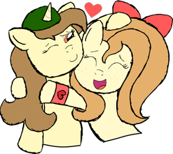 Size: 1700x1511 | Tagged: safe, artist:sparkfler85, derpibooru exclusive, imported from derpibooru, oc, oc only, oc:flani bainilye, oc:hymyt, earth pony, pony, unicorn, bow, bracelet, female, freckles, hat, heart, hug, jewelry, mare, simple background, transparent background