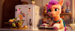 Size: 1920x795 | Tagged: safe, imported from derpibooru, screencap, sunny starscout, earth pony, pony, spoiler:my little pony: a new generation, 3d, apple, book, female, food, g5, kitchen, my little pony: a new generation, refrigerator, solo