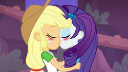 Size: 1920x1080 | Tagged: safe, artist:deadinside97, edit, edited screencap, imported from derpibooru, screencap, applejack, rarity, human, equestria girls, equestria girls series, rollercoaster of friendship, female, kiss on the lips, kissing, lesbian, rarijack, shipping, show accurate