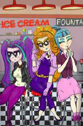 Size: 2300x3464 | Tagged: safe, artist:ewrrfb, imported from derpibooru, adagio dazzle, aria blaze, sonata dusk, human, equestria girls, 50's, 50's fashion, 50s, boots, candy, clothes, coca-cola, counter, diner, drinking, drinking straw, food, gloves, high res, jacket, jewelry, leather jacket, neon, neon sign, pendant, pez dispenser, poodle skirt, shoes, skirt, smoothie, stool, straw, straw in mouth, text