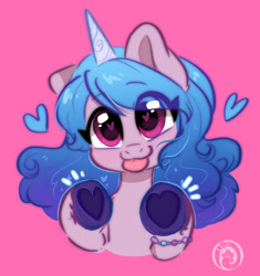 Size: 1061x1129 | Tagged: safe, artist:colorfulcolor233, artist:oofycolorful, imported from derpibooru, izzy moonbow, pony, unicorn, :p, bust, cute, ear down, female, g5, heart, heart eyes, heart hoof, hoof heart, izzybetes, mare, one ear down, pink background, simple background, solo, tongue out, underhoof, upside-down hoof heart, wingding eyes