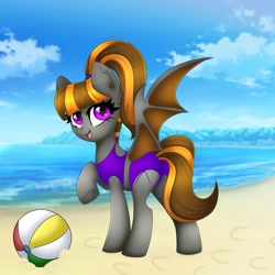 Size: 2000x2000 | Tagged: safe, alternate version, artist:splashofsweet, imported from derpibooru, oc, oc only, oc:mythic dawn, bat pony, bat pony oc, bat wings, beach, beach babe, beach ball, bikini, clothes, commission, complex background, frog (hoof), hair tie, high res, looking at you, midriff, open mouth, ponytail, purple eyes, smiling, smiling at you, swimsuit, tankini, underhoof, wings, ych result