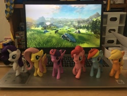 Size: 4032x3024 | Tagged: safe, imported from derpibooru, applejack, fluttershy, pinkie pie, rainbow dash, rarity, twilight sparkle, alicorn, computer, desk, irl, laptop computer, mane six, photo, the legend of zelda, the legend of zelda: breath of the wild, toy, twilight sparkle (alicorn)