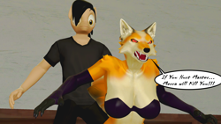 Size: 2560x1440 | Tagged: safe, artist:mr-wolfapex, artist:wolfthepredator, imported from derpibooru, oc, oc only, oc:kurt marek (electro-crit), anthro, dog, 3d, angry, dialogue, furry, overprotective, protecting, red eyes