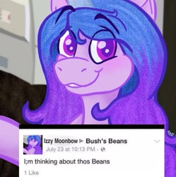 Size: 2327x2337 | Tagged: safe, artist:orky, imported from derpibooru, izzy moonbow, pony, unicorn, spoiler:g5, beans, food, g5, high res, izzy's beans, looking at you, meme, meme origin, my little pony: a new generation, smiling, smiling at you, solo, that pony sure does love beans