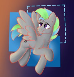 Size: 2498x2611 | Tagged: safe, artist:orky, imported from derpibooru, oc, oc only, oc:vipir flash, pegasus, pony, abstract background, flying, high res, male, raised hoof, smiling, solo, stallion