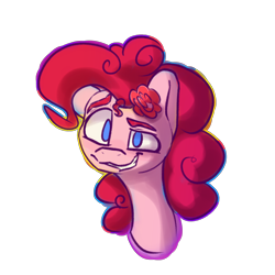 Size: 3000x3000 | Tagged: safe, artist:packy paca, imported from derpibooru, pinkie pie, pony, blushing, bust, flower, flower in hair, high res, looking at you, raised eyebrow, simple background, smiling, smiling at you, solo, transparent background