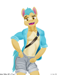 Size: 1100x1400 | Tagged: safe, artist:rockhoppr3, imported from derpibooru, hitch trailblazer, anthro, earth pony, clothes, daisy dukes, g5, looking at you, male, my little pony: a new generation, shirt, shorts, solo, stallion, stupid sexy hitch trailblazer