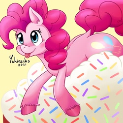 Size: 3000x3000 | Tagged: safe, artist:yukirasha, imported from derpibooru, pinkie pie, earth pony, pony, :p, cupcake, cute, diapinkes, dock, female, food, happy, high res, mare, smiling, tongue out, unshorn fetlocks