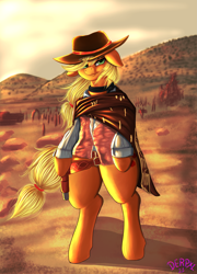 Size: 3245x4500 | Tagged: safe, artist:derpx1, imported from derpibooru, applejack, earth pony, semi-anthro, bipedal, clint eastwood, clothes, female, solo, the good the bad and the ugly, the man with no name, western