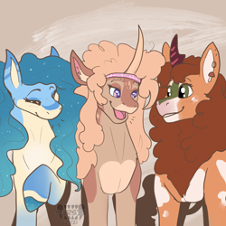 Size: 1500x1500 | Tagged: safe, artist:sursiq, imported from derpibooru, oc, oc only, oc:foxglove, oc:horse bitch, oc:naomi, kirin, original species, pony, shark, shark pony, unicorn, closed mouth, eyes closed, eyes open, female, females only, fluffy, gradient mane, headband, horn, kirin oc, mare, open mouth, raised hoof, raised leg, smiling, talking, trio, trio female, unicorn oc