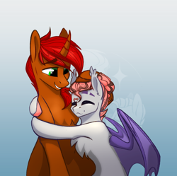 Size: 1092x1088 | Tagged: safe, artist:alrumoon_art, imported from derpibooru, oc, oc only, oc:alruna moonrise, oc:rayven, bat pony, pony, unicorn, chest fluff, duo, eyebrow slit, eyebrows, hug