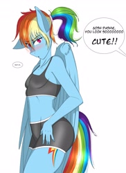 Size: 2990x4096 | Tagged: safe, artist:carbutt69, imported from derpibooru, rainbow dash, anthro, pegasus, adorasexy, belly button, blushing, breasts, clothes, cute, cutie mark, dashabetes, delicious flat chest, dialogue, floppy ear, floppy ears, gym shorts, gym uniform, hip, i'm not cute, midriff, multicolored hair, my little pony, one ear down, ponytail, purple eyes, rainbow flat, rainbow hair, rainbow tail, rainbutt dash, sexy, shorts, simple background, small breasts, sports bra, sports shorts, thighs, tomboy, tsunderainbow, tsundere, workout outfit