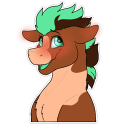 Size: 512x512 | Tagged: safe, artist:sursiq, imported from derpibooru, oc, oc only, oc:sagebrush, earth pony, pony, blush sticker, blushing, coat markings, earth pony oc, eyebrows, eyebrows visible through hair, floppy ears, green eyes, green tongue, looking up, male, multicolored hair, multicolored mane, open mouth, paint, pinto, shiny eyes, solo, sticker, telegram sticker, transgender