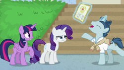 Size: 1920x1080 | Tagged: safe, imported from derpibooru, screencap, polo play, rarity, twilight sparkle, alicorn, pony, unicorn, friendship university, season 8, spoiler:s08, female, las pegasus resident, levitation, magic, male, mare, rarity is not amused, stallion, telekinesis, twilight sparkle (alicorn), unamused