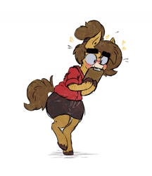 Size: 1148x1331 | Tagged: safe, artist:somefrigginnerd, imported from derpibooru, oc, oc only, oc:pencil test, earth pony, pony, bipedal, blushing, clipboard, clothes, female, flustered, freckles, glasses, hair bun, holding, mare, shirt, simple background, skirt, smiling, solo, thick eyebrows, unshorn fetlocks, white background