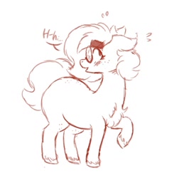 Size: 1000x1020 | Tagged: safe, artist:somefrigginnerd, imported from derpibooru, oc, oc only, oc:pencil test, earth pony, pony, blushing, butt freckles, chest fluff, chubby, female, floppy ears, freckles, glasses, mare, monochrome, open mouth, plump, raised hoof, simple background, sketch, smiling, solo, speech bubble, thick eyebrows, unshorn fetlocks, white background