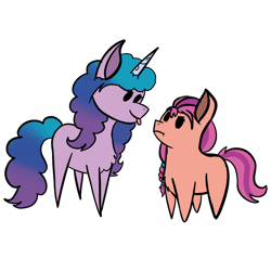 Size: 4096x4096 | Tagged: safe, artist:birbnerd17, imported from derpibooru, izzy moonbow, sunny starscout, earth pony, pony, unicorn, absurd resolution, braid, chest fluff, duo, female, g5, height difference, looking at each other, missing cutie mark, simple background, tongue out, transparent background