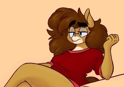Size: 1087x763 | Tagged: safe, artist:somefrigginnerd, imported from derpibooru, oc, oc only, oc:pencil test, anthro, earth pony, clothes, crossed legs, eyebrows, eyebrows visible through hair, female, freckles, glasses, lidded eyes, raised hoof, shirt, sitting, solo, thick eyebrows