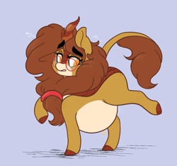 Size: 1636x1534 | Tagged: safe, artist:somefrigginnerd, imported from derpibooru, oc, oc only, oc:pencil test, kirin, chubby, eyebrows, eyebrows visible through hair, female, freckles, glasses, kirin-ified, looking down, plump, raised hoof, raised leg, simple background, solo, species swap, thick eyebrows, unshorn fetlocks