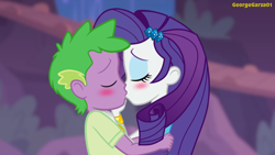 Size: 2160x1215 | Tagged: safe, alternate version, artist:georgegarza01, imported from derpibooru, rarity, spike, human, equestria girls, equestria girls series, rollercoaster of friendship, blushing, duo, equestria girls-ified, female, human spike, kiss on the lips, kissing, male, shipping, show accurate, sparity, straight