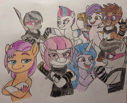 Size: 900x735 | Tagged: safe, artist:jebens1, imported from derpibooru, izzy moonbow, pipp petals, sunny starscout, zipp storm, anthro, g5, holding hooves, hoofbump, lita (tmnt), looking at you, mushroom (tmnt), my little pony: a new generation, selfie, teenage mutant ninja turtles, zanna (tmnt), zink (tmnt)