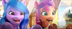 Size: 1367x568 | Tagged: safe, imported from derpibooru, screencap, izzy moonbow, sunny starscout, earth pony, pegasus, pony, unicorn, spoiler:my little pony: a new generation, 3d, cropped, cute, duo, excited, g5, izzybetes, male, my little pony: a new generation, open mouth, open smile, pegasus royal guard, reflection, royal guard, smiling, stallion, sunnybetes, thunder flap
