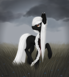 Size: 1793x2000 | Tagged: safe, artist:ajax, artist:willdrawhere, imported from derpibooru, oc, oc only, earth pony, pony, black and white, cloud, cloudy, field, grayscale, monochrome, rain, solo