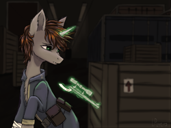 Size: 2413x1801 | Tagged: safe, artist:ajax, artist:willdrawhere, imported from derpibooru, oc, oc only, oc:littlepip, pony, unicorn, fallout equestria, box, fallout, gun, handgun, little macintosh, revolver, solo, stable 2, weapon