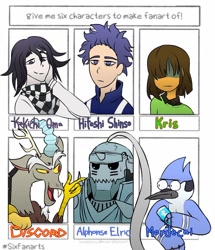 Size: 1080x1255 | Tagged: safe, artist:ryan, imported from derpibooru, discord, bird, draconequus, human, six fanarts, alphonse elric, anime, danganronpa, deltarune, drink, fullmetal alchemist, hashtag, hitoshi shinso, kris, looking at each other, male, mordecai, my hero academia, pale color, regular show