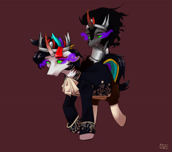 Size: 3400x3000 | Tagged: safe, artist:rover, artist:rrrover, imported from derpibooru, king sombra, oc, oc only, pony, unicorn, clothes, colored horn, commission, commissions open, curved horn, high res, horn, red background, sad, simple background, solo, sombra eyes, sombra horn