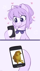 Size: 740x1290 | Tagged: safe, artist:higgly-chan, imported from derpibooru, oc, oc only, oc:mio, dog, earth pony, pony, bowtie, cellphone, cheems, female, heart, phone, smartphone, smiling, solo