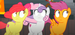 Size: 1346x622 | Tagged: safe, imported from derpibooru, screencap, apple bloom, scootaloo, sweetie belle, earth pony, pegasus, pony, unicorn, growing up is hard to do, cropped, cutie mark crusaders, looking up, older, older apple bloom, older cmc, older scootaloo, older sweetie belle, shrunken pupils, trio, windswept mane