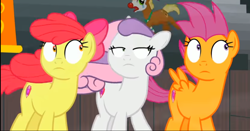 Size: 1336x698 | Tagged: safe, imported from derpibooru, screencap, apple bloom, scootaloo, sweetie belle, earth pony, pegasus, pony, unicorn, growing up is hard to do, cropped, cutie mark crusaders, group, looking up, older, older apple bloom, older cmc, older scootaloo, older sweetie belle, shrunken pupils, windswept mane