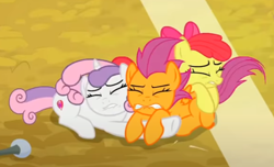 Size: 622x377 | Tagged: safe, imported from derpibooru, screencap, apple bloom, scootaloo, sweetie belle, earth pony, pegasus, pony, unicorn, growing up is hard to do, cropped, cutie mark crusaders, eyes closed, group, holding each other, lying down, older, older apple bloom, older cmc, older scootaloo, older sweetie belle, prone, scared, windswept mane