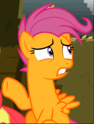 Size: 438x575 | Tagged: safe, imported from derpibooru, screencap, scootaloo, pegasus, pony, growing up is hard to do, cropped, older, older scootaloo, scared, sitting, solo