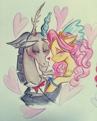 Size: 1080x1350 | Tagged: safe, artist:valeriamagicart, imported from derpibooru, discord, fluttershy, draconequus, pony, blushing, bowtie, clothes, discoshy, drawing, female, heart, interspecies, jewelry, male, married couple, ring, shipping, signature, smiling, straight, suit, traditional art
