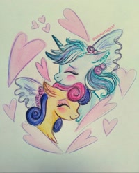 Size: 1080x1350 | Tagged: safe, artist:valeriamagicart, imported from derpibooru, bon bon, lyra heartstrings, sweetie drops, pony, eyes closed, eyeshadow, female, heart, lesbian, lyrabon, makeup, married couple, shipping, signature, smiling, traditional art