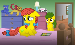 Size: 1280x779 | Tagged: safe, artist:aleximusprime, imported from derpibooru, granny smith, oc, oc:annie smith, oc:apple chip, earth pony, flurry heart's story, bed, bedroom, bow, colt, dresser, female, filly, hair bow, lamp, male, offspring, parent:applejack, parent:tex, parents:texjack, picture frame, plushie, sad, stereo, tail bow