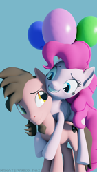 Size: 1080x1920 | Tagged: safe, artist:mrkat7214, imported from derpibooru, pinkie pie, oc, oc:ace play, earth pony, pony, 3d, balloon, blender, canon x oc, female, floating, grin, hug, male, mare, not sfm, pinkieplay, ponies riding ponies, ride, riding, shipping, smiling, stallion, straight, then watch her balloons lift her up to the sky